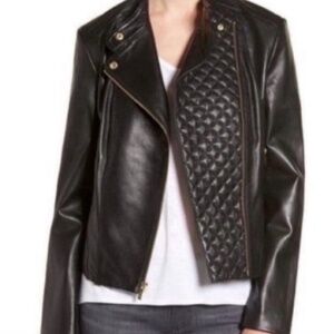Cole Haan Black Quilted Leather Moto Jacket.